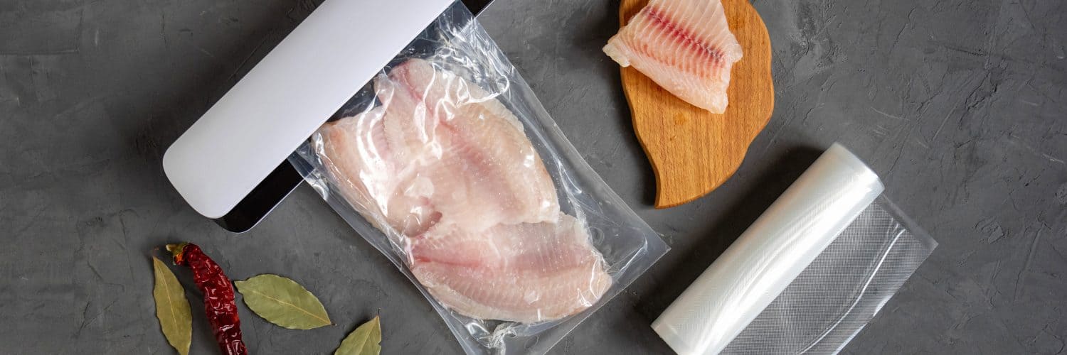 Top view of a vacuum sealer sealing a bag with white fish, next to more plastic bags and another piece of fish on a small wooden board.