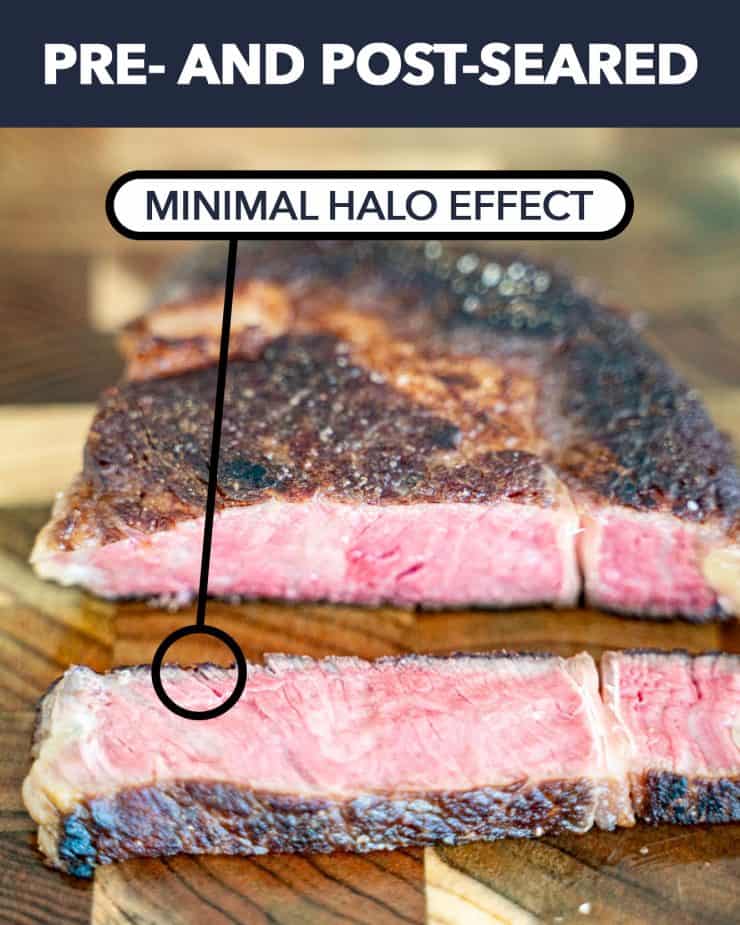 Close-up shot of a sliced steak with a circle showing a minimal halo effect after sous vide cooking.