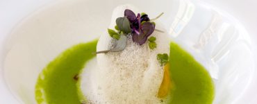 Close-up shot of dish with espuma (or foam) as the main focus, with flower petals and herbs on top and brown liquid on bottom.