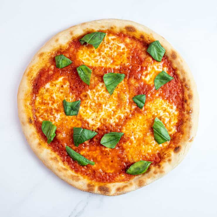 Top view of whole Margherita pizza from the Breville Crispy Crust